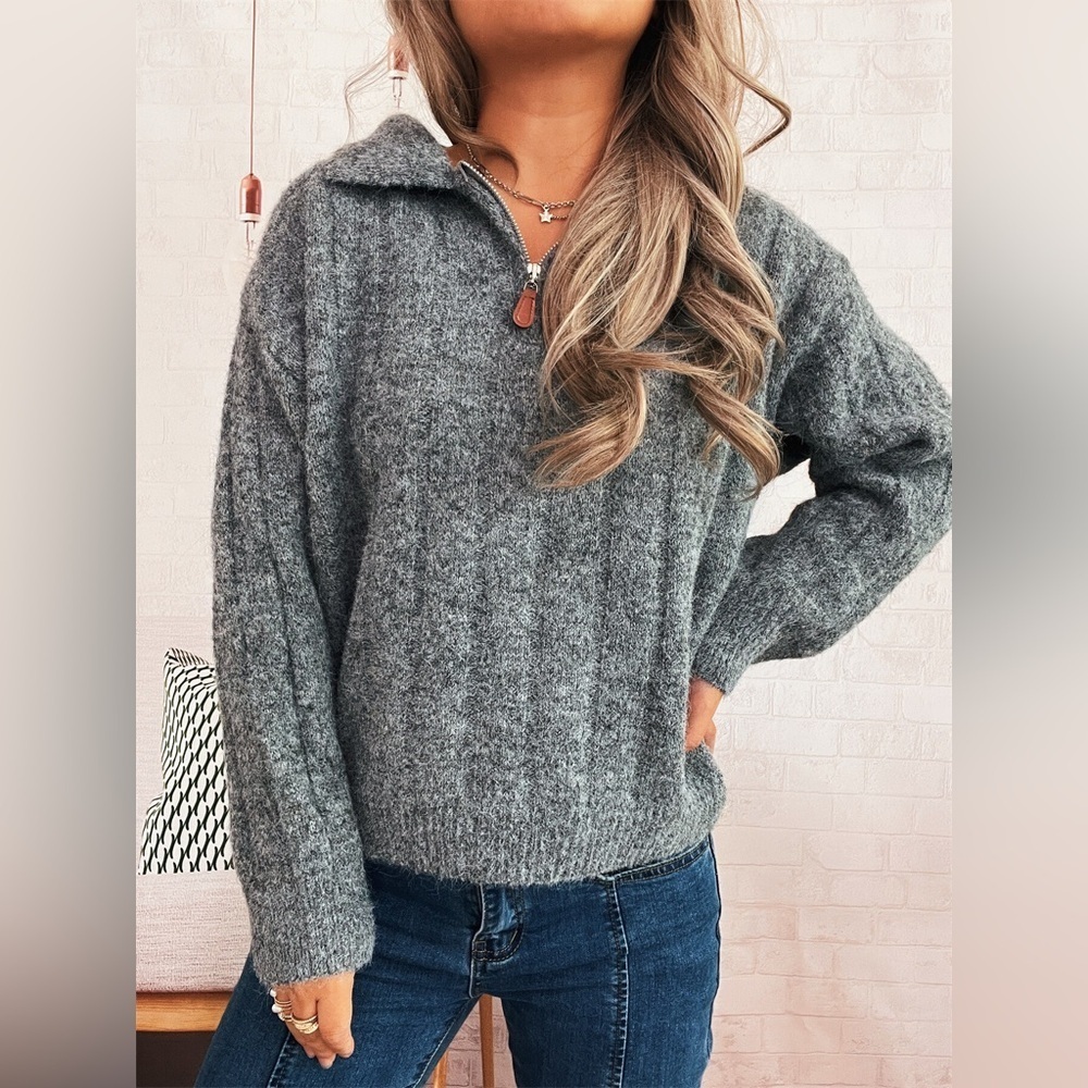 Ribbed Hem Quarter Zip Sweater - Picture 11 of 14